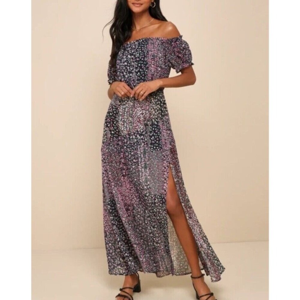 Lulus Floral Off-the-Shoulder Sheer Maxi Dress Womens Large Cottagecore Boho